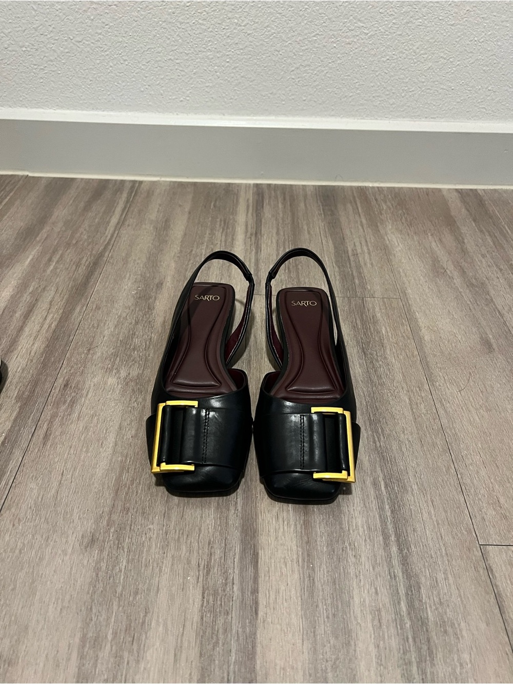 SARTO By Franco Sarto Black Slingback Mules with Gold Buckle